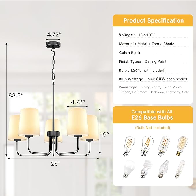 Farmhouse Chandelier, 5-Light Black Chandelier with White Fabric Shade, Height Adjustable Modern Dining Room Light Fixture with E26 Base for Bedroom Foyer Hallway Entryway Kitchen Living Room