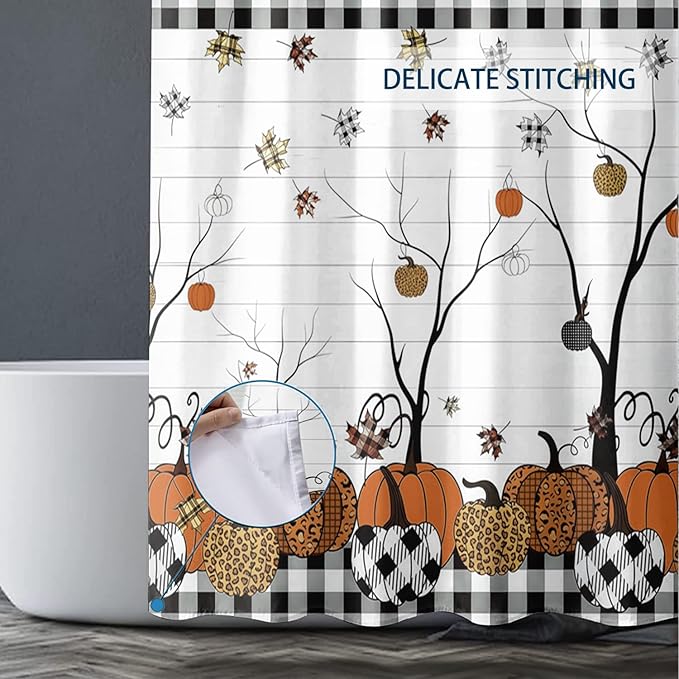 Fall Plaid Pumpkin Shower Curtain Farmhouse Buffalo Plaid Autumn Maple Leaves Thanksgiving Bathroom Curtains Waterproof Polyester Fabric Bath Curtain 72 x 72 Inch with 12 Hooks
