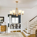 6-Light Gold Chandeliers for Dining Room with Frosted Glass Modern 47.2'' Ceiling Hanging Light Fixtures Classic Farmhouse Pendant Lighting for Kitchen Island, Dining Table, Adjustable Height