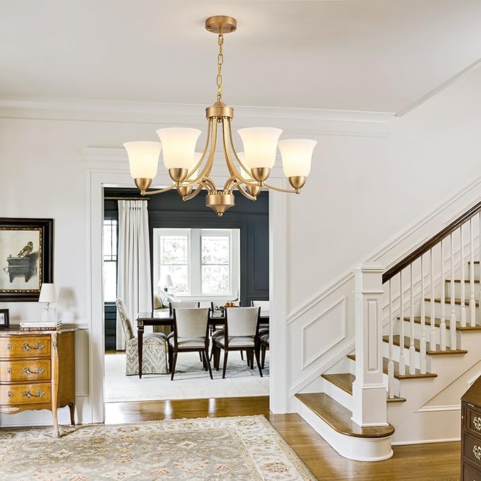 6-Light Gold Chandeliers for Dining Room with Frosted Glass Modern 47.2'' Ceiling Hanging Light Fixtures Classic Farmhouse Pendant Lighting for Kitchen Island, Dining Table, Adjustable Height