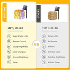 JMEXSUSS 2 Pack Solar Christmas Lights Outdoor Waterproof, 100 LED 33ft Warm White and Multicolor Color Changing Solar Fairy Lights, Copper Wire Solar String Lights for Outside Christmas Decorations