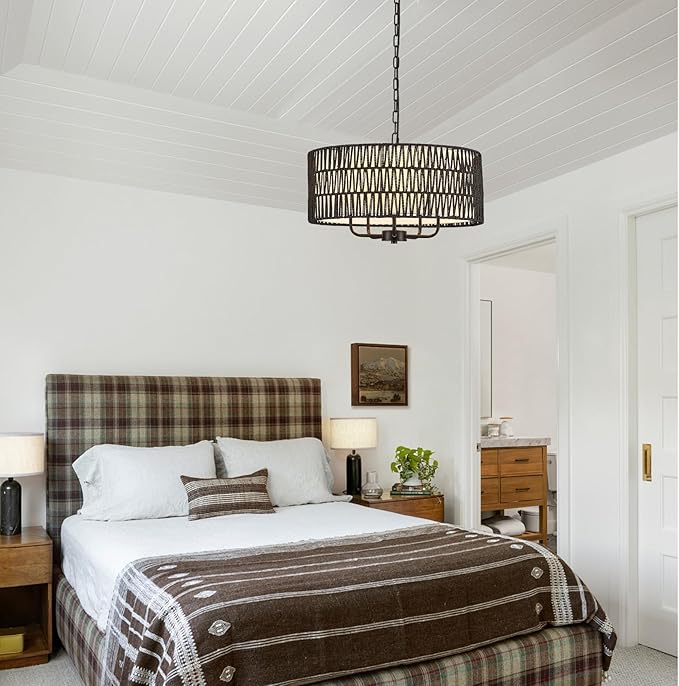 Boho Hand-Woven Black Rattan Chandelier with Linen Vintage Farmhouse Bamboo Drum Chandeliers Light Fixture Modern Wicker Rattan Chandelier for Dining Room, Kitchen, Living Room