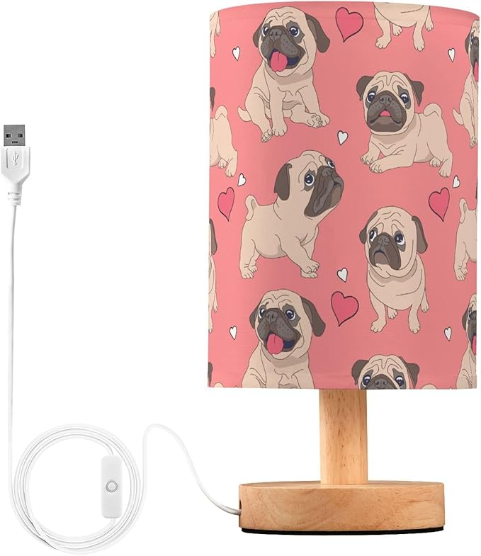 Table Lamp Pugs Puppy Heart on Pink Nightstand Lamp with Wood Base Fabric Lamp Shade Bedside Desk Lamp for Living Room Bedroom Kids Room Office