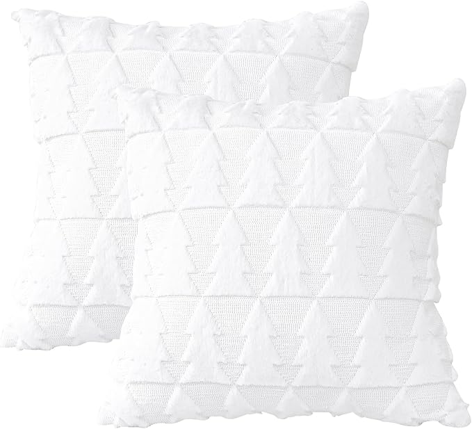 OTOSTAR Set of 2 Xmas Soft Plush Short Wool Velvet Decorative Throw Pillow Covers Square Luxury Style Cushion Case Pillow Shell for Sofa Bedroom Christmas Tree White, 18x18 Inch