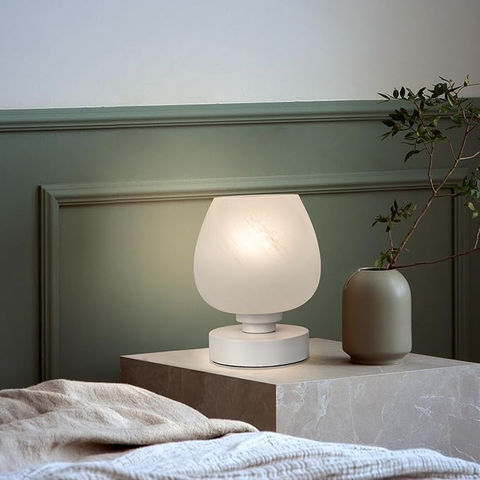 Bedside Table Lamp - Touch Small Lamp for Bedroom Nightstand, 3-Way Dimmable, White Opal Glass Shade, Warm LED Bulb Included