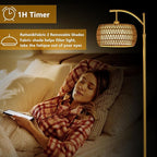 Arc Floor Lamp with 3 Color Temperatures, LED Gold Floor Lamp with Remote & Stepless Dimmable Bulb, Boho Standing Lamp with Rattan & Fabric Shades, Farmhouse Tall Lamp for Living Room Bedroom