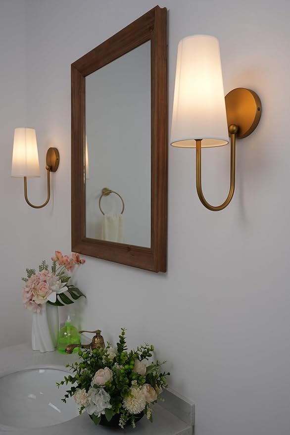 Yosoan Brass White Fabric Shade Wall Sconce Set of 2, Vintage Industrial Hardwired Gold Boho Wall Mounted with Long Cone Cloth Shade for Bedroom Living Room Aged Vanity Loft(Antique)
