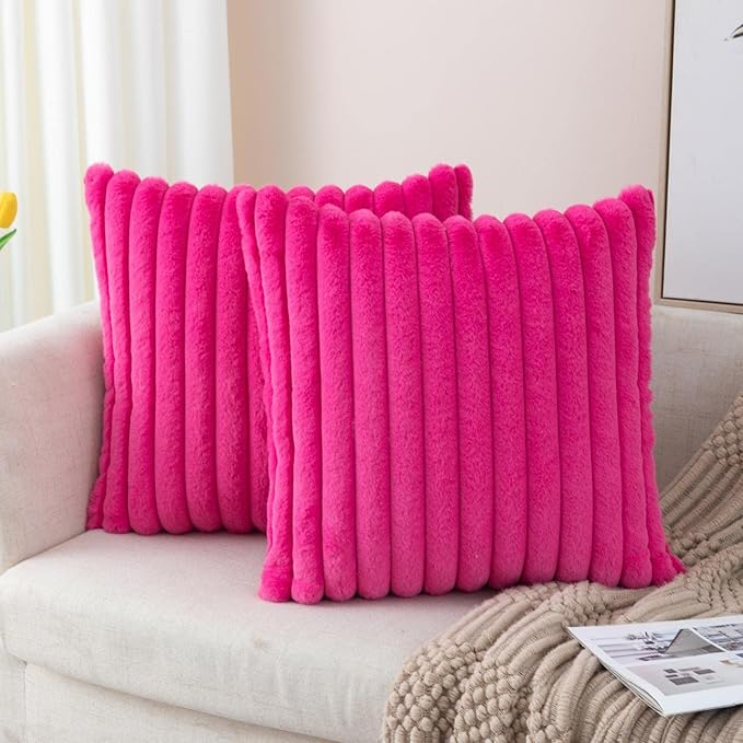 ZLINA Set of 2 Hot Pink Faux Fur Decorative Throw Pillow Covers Fluffy Striped Pillowcase Cushion Covers 22 x 22 Inch Decor Sofa Couch Bedroom