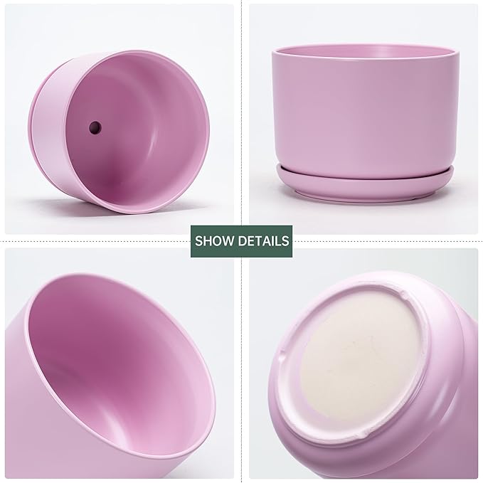 Ton Sin Plant Pots, 4.1+5.1+6.5 inch, Set of 3, Ceramic Planters with Drainage Hole and Saucer, Indoor Flower Pot with Drainage Hole, Gifts for Mom(Matte Pink)