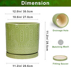 Ceramic Planter - 12 Inch Pots for Plants Indoor Outdoor, Round Large Flower Pots with Drainage Hole and Saucer, Decorative Boho Planter, Home Office Decor, Plant Lover Gifts, Green