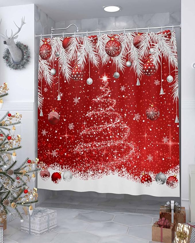 Christmas Tree Shower Curtain, Christmas Balls Shower Curtains Set with Hooks, Snowflake Silver Pine Tree Branch Red Waterproof Bathroom Curtains Holiday Decor Home Accessories,Stall 48 x 72 Inch