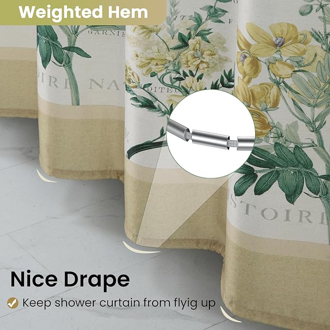 Extra Long Fabric Shower Curtain, Country Vintage Floral Shower Curtain, Gold and Green Flower Shower Curtains for Bathroom, Waterproof Bathroom Curtains, 72" W x 84" H