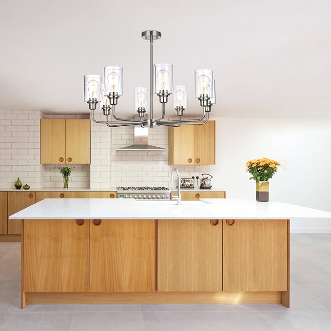 8-Light Brushed Nickel Chandelier with Clear Glass Shades, E26 Base Modern Pendant Light Fixture, Adjustable Swivel Heads Ceiling Lighting, Farmhouse Chandelier for Dining Room Kitchen Hallway
