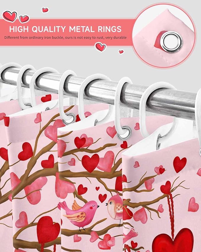 Vandarllin Pink Valentine's Day Shower Curtain, Red Love Heart Tree Shower Curtains Set with Hooks, Be My Valentine Waterproof Fabric Bathroom Curtains Decor Home Accessories,72 X 84 Inch Extra Long