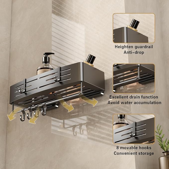 VOLPONE Shower Caddy Suction Cup No Drilling Suction Cup Shower Shelf Heavy Duty Bathroom Shower Organizer Storage Rack Adhesive with Towel Bar Hooks (2-Pack, Matte Gray)