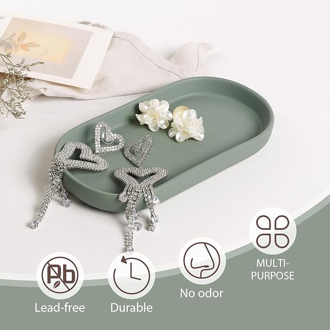 Ceramic Jewelry Dish Set of 2 – Oval Trinket Holder for Vanity, Perfume, Keys, Rings, Watch, Dish Soap, Kitchen & Bathroom Counter – Matte Green