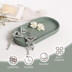 Ceramic Jewelry Dish Set of 2 – Oval Trinket Holder for Vanity, Perfume, Keys, Rings, Watch, Dish Soap, Kitchen & Bathroom Counter – Matte Green