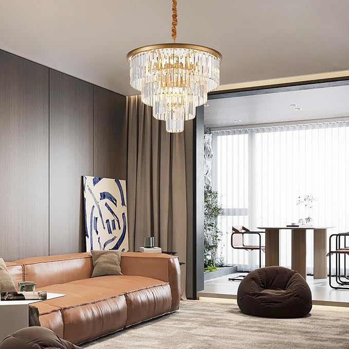 4-Tiers 23.6" Gold Crystal Chandelier Modern 12-Light Contemporary Crystal Pendant Chandeliers Light Fixture Hanging Lighting for Dinning Room Entryway Bedroom Foyer High Ceiling