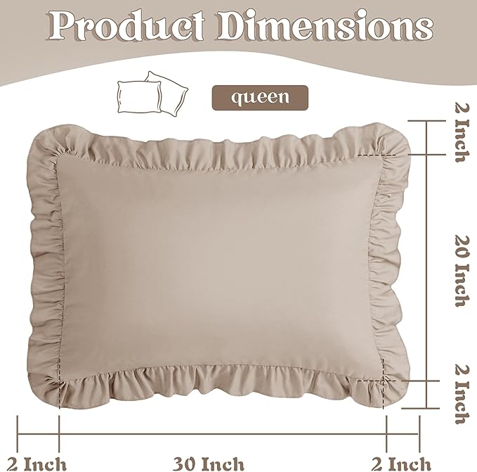 KKJIAF Ruffle Pillow Cases Queen Size Set of 2, Khaki Ruffled Pillow Covers with Envelope Closure, Wrinkle Resistant Pillowcases 20" x 30", Ruffled Pillow Shams