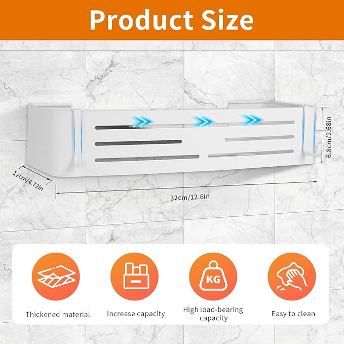 Shower Caddy Shelf Rack, Self Adhesive Shower Shelves with Hooks, Rustproof Bathroom Organizers and Storage, Home Decor Accessories (Rectangle-White)