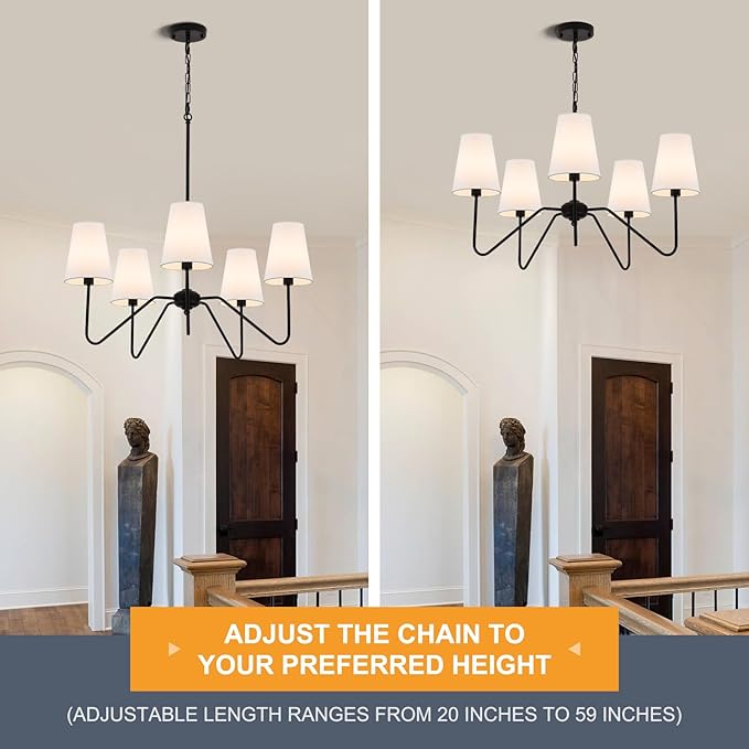 Chandeliers for Dining Room, Modern Pendant Light Fixture Over Table with White Shade Classic Ceiling Hanging Lighting for Living Room Hallway Bedroom, 5-Arm, 30" Dia, Height Adjustable