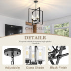 4-Light Farmhouse Chandelier Light Fixture, 18in Black Dining Room Chandeliers with Glass Shade Modern Lighting Fixtures Ceiling Pendant Lamp for Kitchen Island Entrance Foyer Living Room