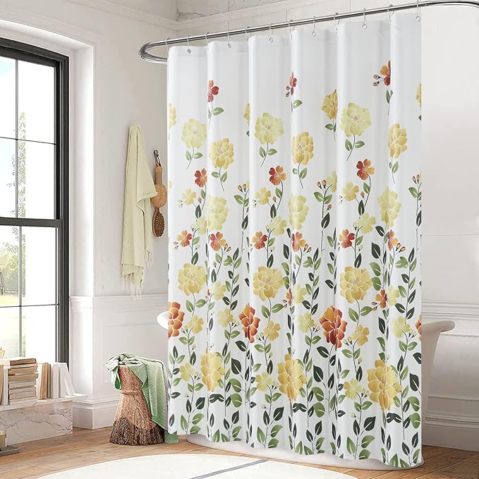 Extra Long Fabric Shower Curtain, Yellow Orange Green Floral Flower Shower Curtains for Bathroom, Waterproof Bathroom Curtains, 72" W x 84" H