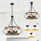 6-Light Farmhouse Chandelier, 23.62" Rustic Drum Dining Room Light Fixture, Vintage Wood Finish Metal Hanging Pendant Lighting, Industrial Candle Chandeliers for Living Room Kitchen Entryway Bedroom