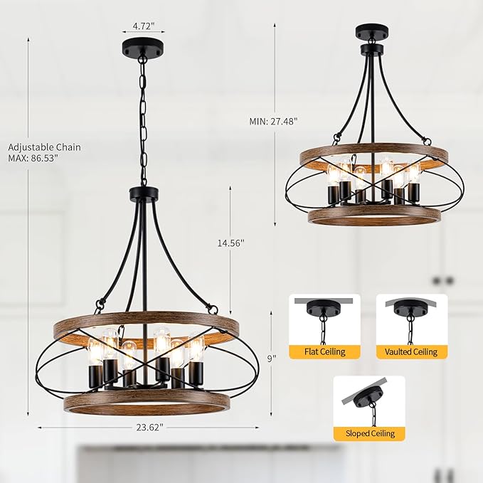 6-Light Farmhouse Chandelier, 23.62" Rustic Drum Dining Room Light Fixture, Vintage Wood Finish Metal Hanging Pendant Lighting, Industrial Candle Chandeliers for Living Room Kitchen Entryway Bedroom
