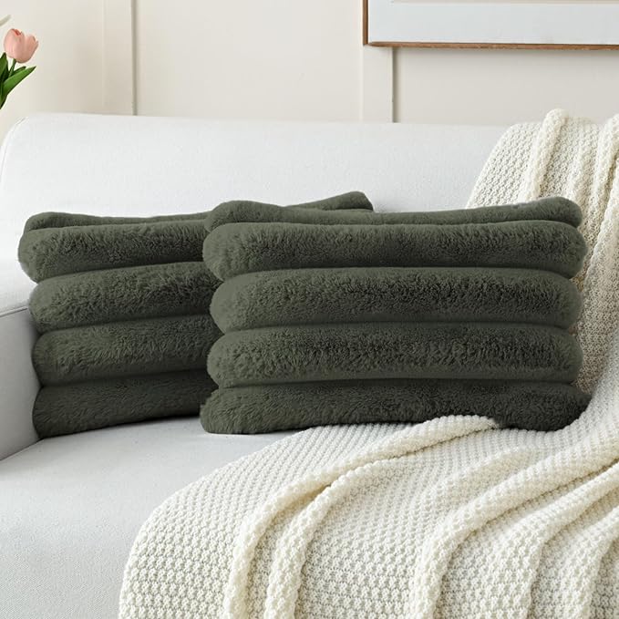FUTEI Olive Green Decorative Throw Pillow Covers 12x20 Inch Set of 2, Square Soft Faux Rabbit Fur Big Striped Cushion Cover,Home Decor for Couch Sofa Bed Living Room