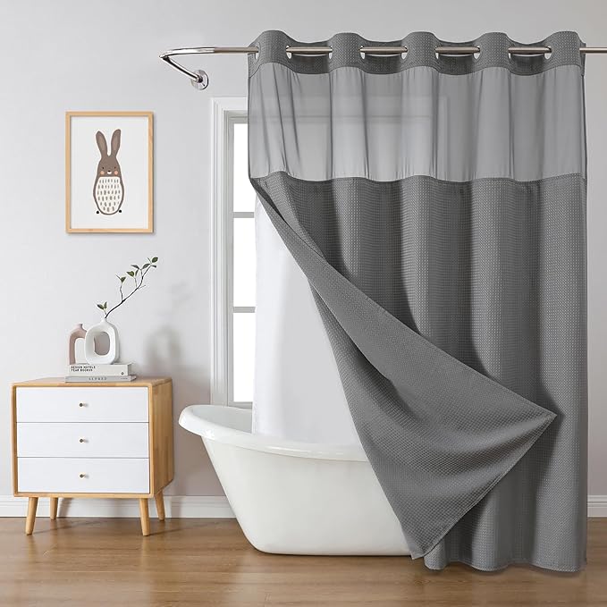 Grey No Hook Waffle Weave Shower Curtain with snap-in Liner Replacement, 230GSM Waterproof Fabric Hotel Shower Curtain Set for Bathroom, Through Mesh Top Window,71Wx82H