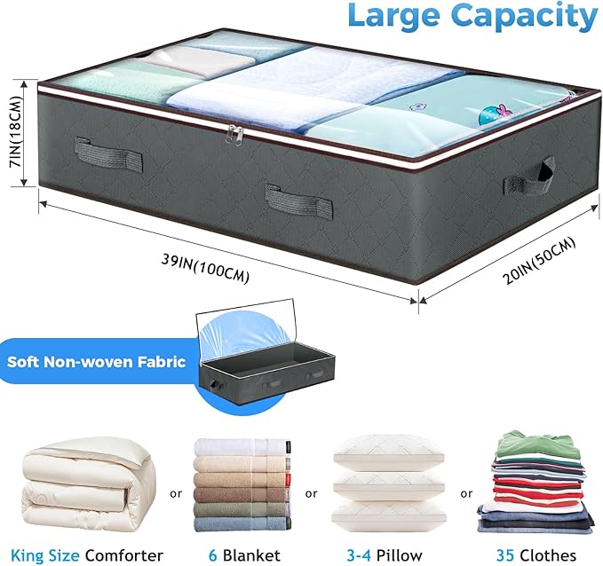 Budding Joy 90L Under Bed Storage Containers, Closet Organizers and Storage Bins, Foldable Underbed Storage Bags for Blanket, Clothing, Comforter, Sweaters, Pillows, Linen Sheets, Wrapping Paper, Grey