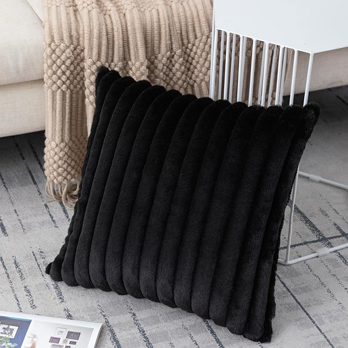 ZLINA Set of 2 Black Faux Fur Decorative Throw Pillow Covers Fluffy Striped Pillowcase Cushion Covers 24 x 24 Inch Decor Sofa Couch Bedroom