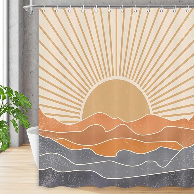 Boho Shower Curtains for Bathroom Abstract Sun Mountain Mid Century Minimalist Bathroom Shower Curtains Set Waterproof Polyester Fabric Rustic Vintage Decorative 72x72 Inch