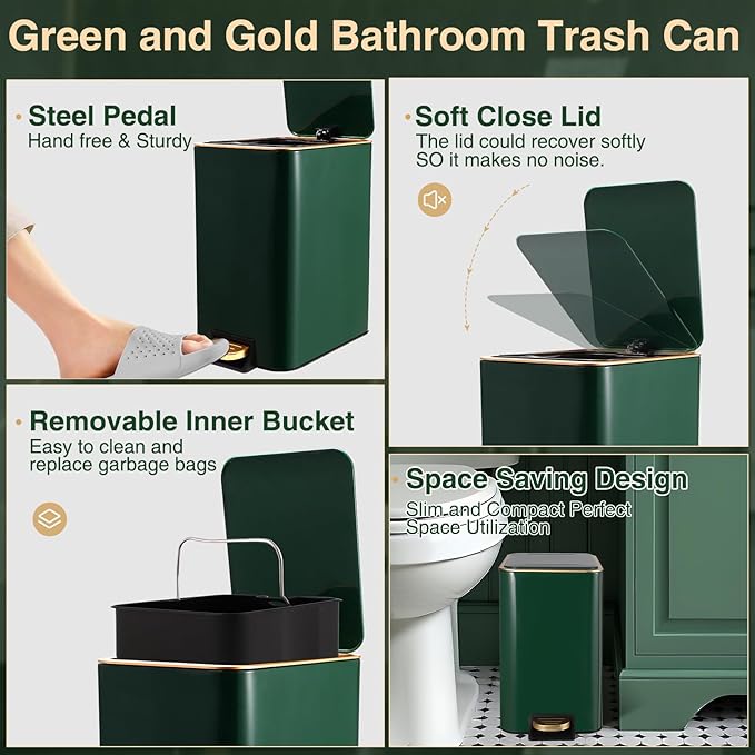 Bathroom Set Bathroom Accessories Set 8 Piece Green and Gold Bathroom Set, Bathroom Sets with Stainless Steel Trash Can,Toilet Brush,Toothbrush Set,Soap Dispenser