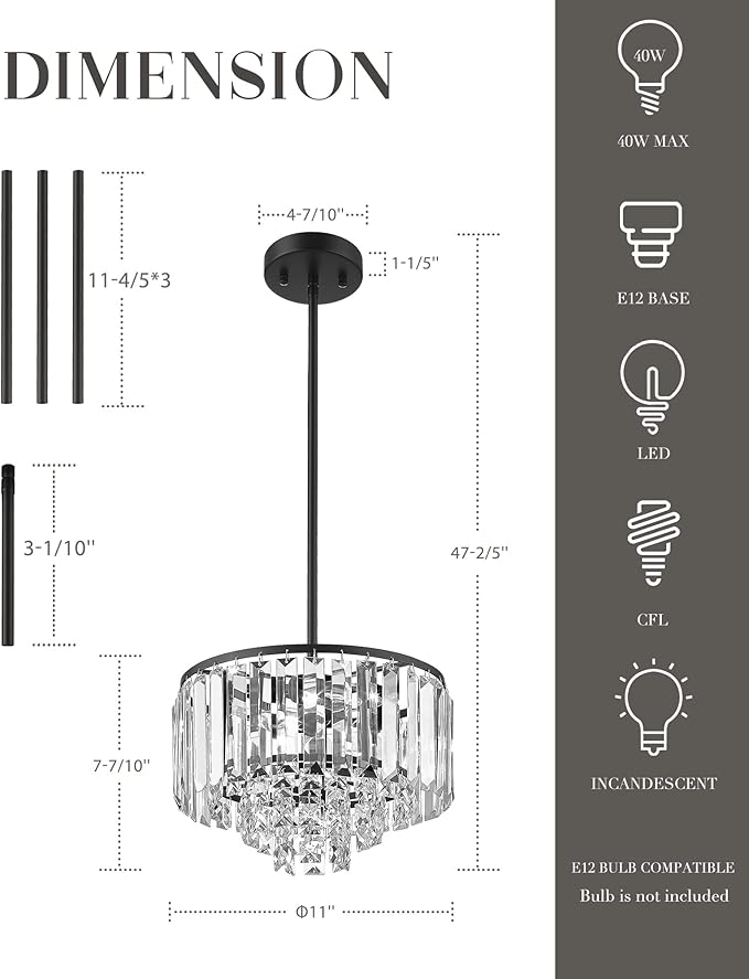 4-Tier Crystal Chandelier, Modern Black Chandelier, 3-Light Pendant Light for Dinning Room Kitchen Island Bedroom Entryway, CC4215-3W-BK