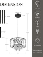 4-Tier Crystal Chandelier, Modern Black Chandelier, 3-Light Pendant Light for Dinning Room Kitchen Island Bedroom Entryway, CC4215-3W-BK