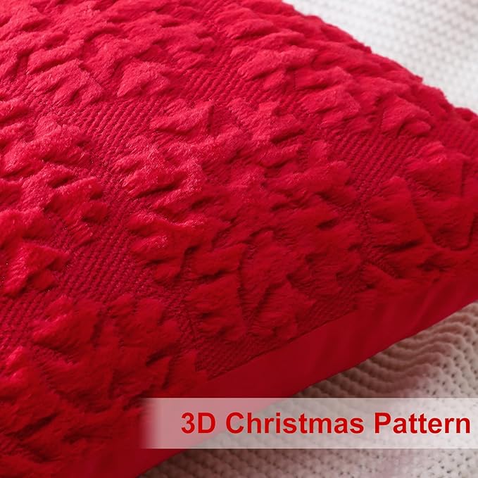 OTOSTAR Set of 2 Xmas Soft Plush Short Wool Velvet Decorative Throw Pillow Covers Square Luxury Style Cushion Case Pillow Shell for Sofa Bedroom Snowflake Red, 18x18 Inch