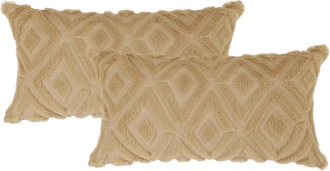 Pallene Light Khaki Throw Pillow Covers 12x20 Set of 2, Soft Plush Faux Fur Decorative Lumbar Couch Pillow Covers for Sofa Bed Living Room Pillow Cases with 3D Diamond Pattern