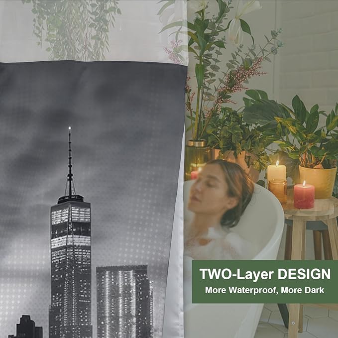 Manhattan Brooklyn Bridge New York Building Night Scenery Shower Curtain with Snap in Fabric Liner Set, Detachable Liner, See Through Mesh Top Window, Waterproof Washable 72" W x 74" H