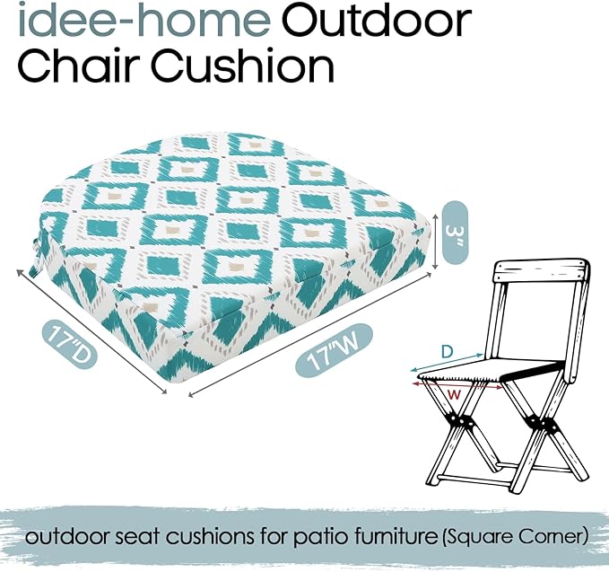 idee-home Outdoor Chair Cushions Set of 2, Thick 17" x 17" x 3" Outdoor Seat Cushions Patio Furniture Waterproof with Ties, Dining Pads