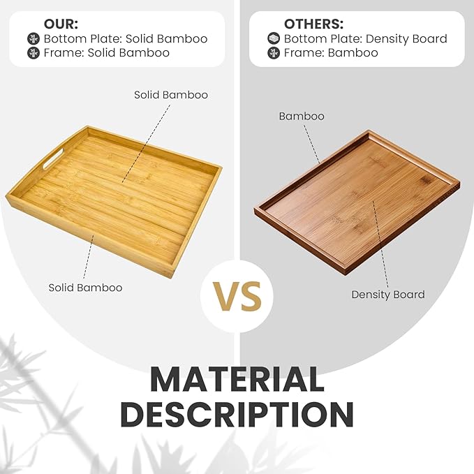 Bamboo Serving Tray with Handles Set of 2 - Decorative Wooden Trays for Eating, Working, and Storing, Suitable for Use in Bedroom, Living Room, Kitchen, Bathroom, Outdoor Scenarios and More