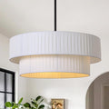 LamQee 20” Modern Drum Chandelier, 2-Tier Semi-Flush Mount Pendant Light Fixtures 3-Light with White Fabric Lampshades, Matte Black Fixtuer Hang Ceiling Lamp