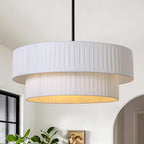 LamQee 20” Modern Drum Chandelier, 2-Tier Semi-Flush Mount Pendant Light Fixtures 3-Light with White Fabric Lampshades, Matte Black Fixtuer Hang Ceiling Lamp