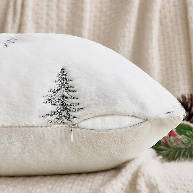 MIULEE Christmas Decorative Pillow Covers Set of 2 Faux Fur Throw Pillows with Embroidered Christmas Tree 18x18 Inch White Black Winter Couch Covers for Festival Sofa Bedroom Living Room Home Decor
