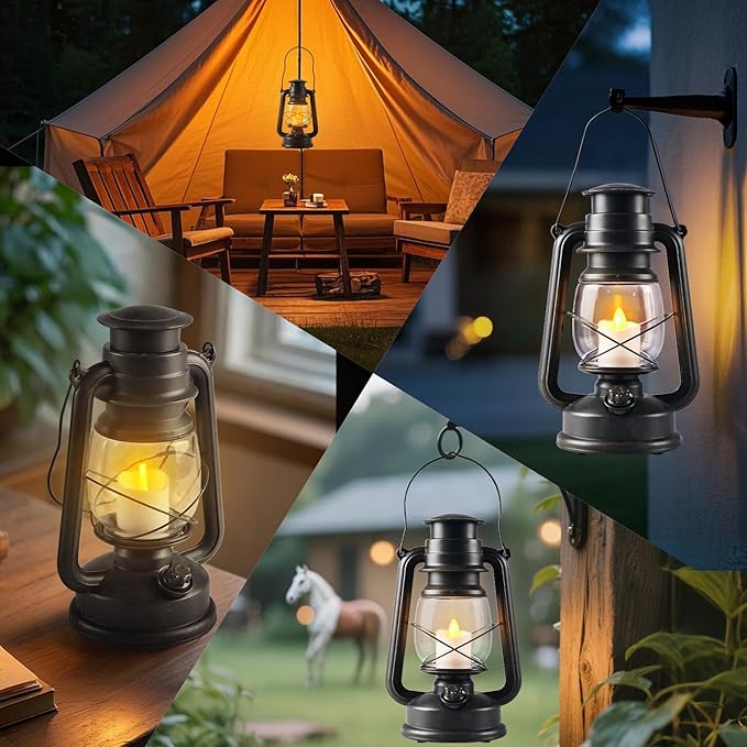 LED Vintage Lantern with Moving Flame Candle,Suitable for Home and Outdoor Usage,Antiqued Hanging Lantern,Battery Powered,6/18 Timer,2PK Bronze