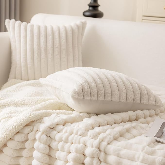 MOSAYT Faux Fur Throw Pillow Covers 20x20, Set of 2, Plush Velvet Soft Pillow Case,Fluffy Striped Decorative Couch Pillow Covers for Sofa, Bedroom, Living Room(White)