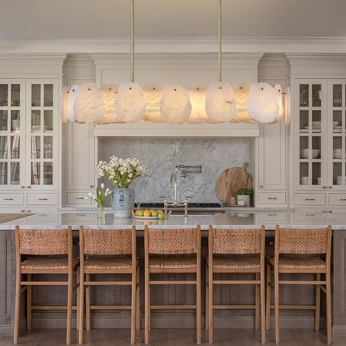 Rectangle Alabaster Chandelier, L43in Modern Spanish Marble Dining Room Chandelier Over Table, Adjustable Long Chandeliers for Living Room, Alabaster Chandeliers for Kitchen Island, Foyer, Entryway