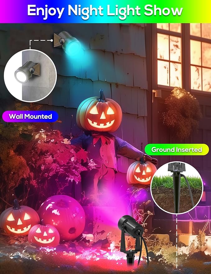 ZYAN Halloween Solar Spotlights Outdoor, RGB Color LED Lights with Remote Control, Auto On/Off Dimmable Waterproof Landscape Spot Lights for Garden, Yard, Trees, Decorations (8 Pack)