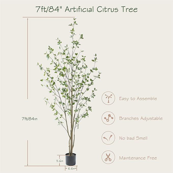 Bellacat 7ft Artificial Citrus Tree with Lifelike Leaves, 84in Faux Citrus Tree with Realistic Trunks, Fake Citrus Tree for Home Office Living Room Bedroom Porch Decor.
